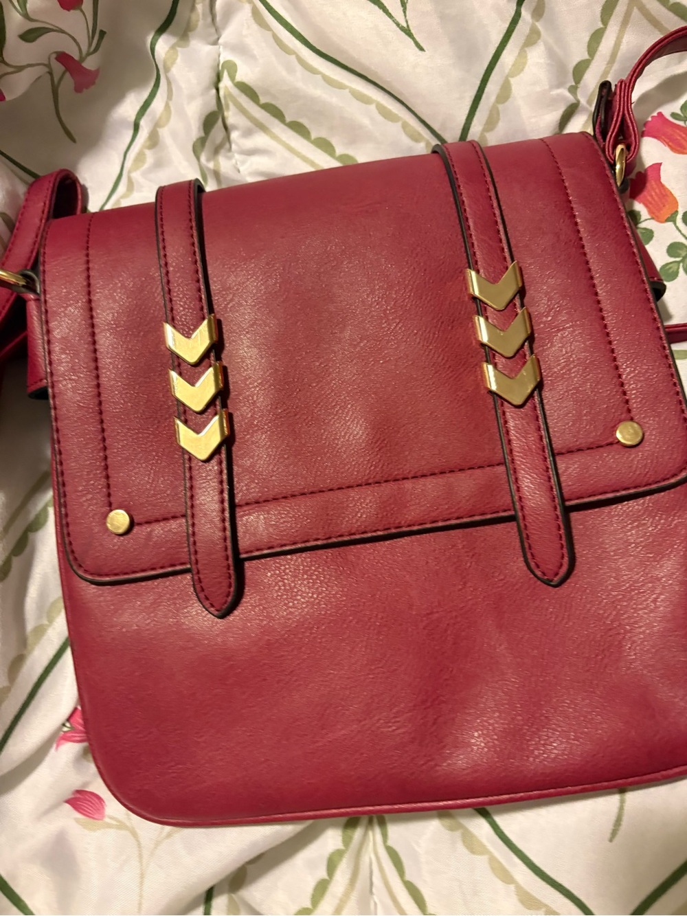 Women's Maroon Crossbody Bag with Gold Accents
